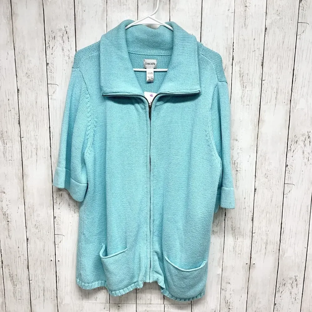 Chico's Sweater Women Size 3 XL(16) Blue Collared Short Sleeve Full Zip Cardigan